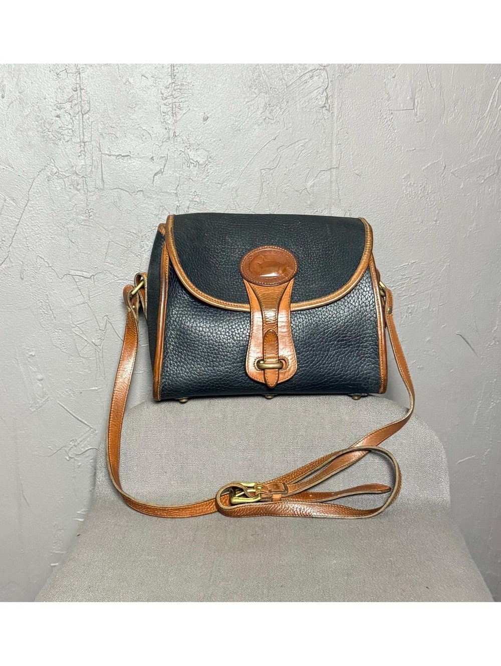 1980's Dooney & Bourke AWL Black + Cognac Brown Essex Bag Pebbled Leather